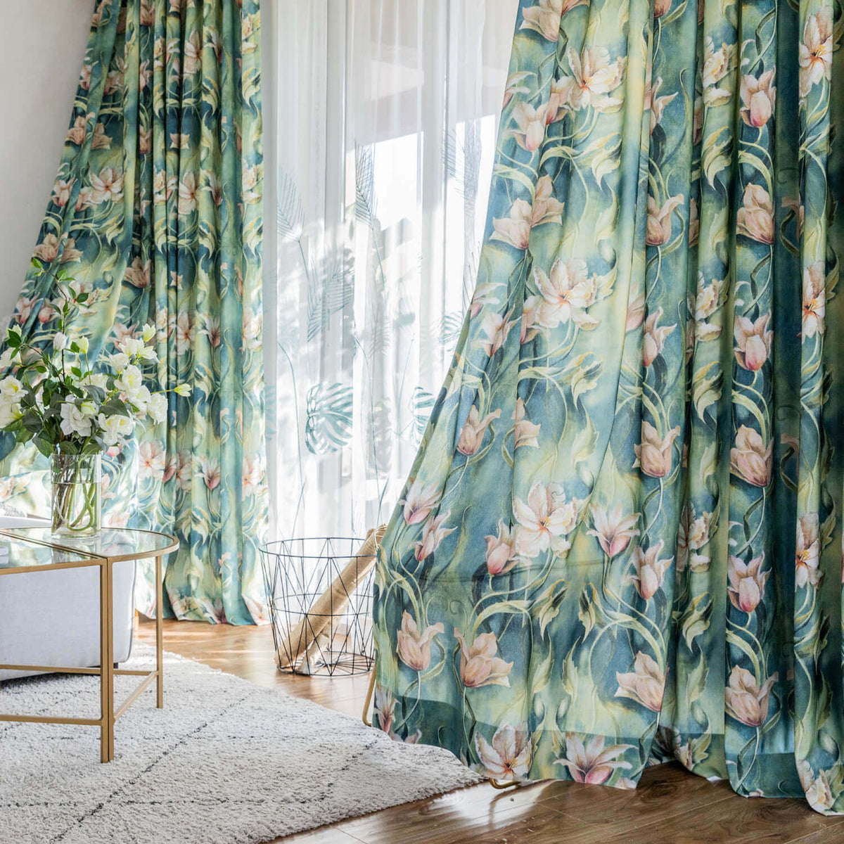 Green rainforest flower curtains for sliding glass doors custom drapes