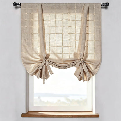 Plaid Embroidered Natural Linen Check Balloon Shade Curtains