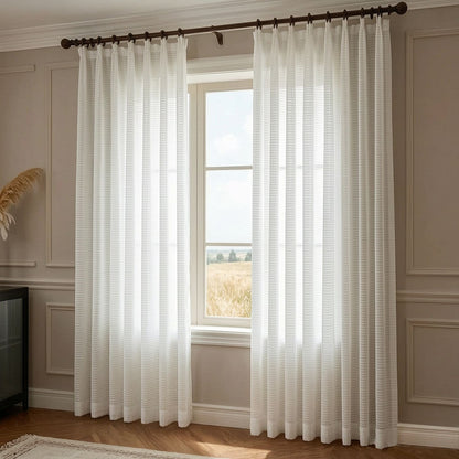 White Horizontal Striped Sheer Curtains Voile 2 Panels for Living Room
