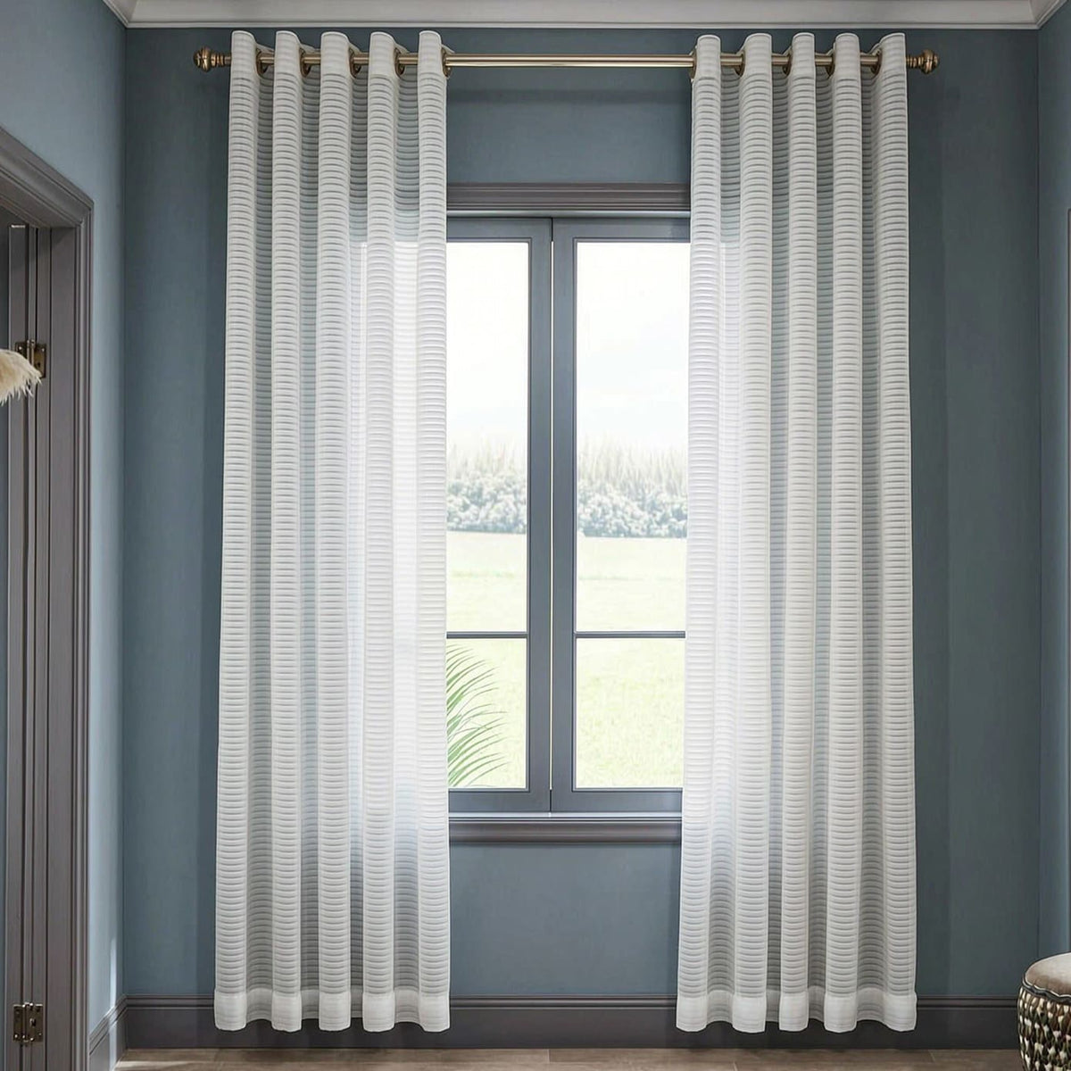 White Horizontal Striped Sheer Curtains Voile 2 Panels for Living Room