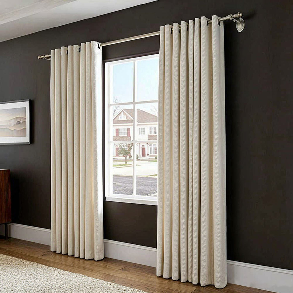 Cream White Chenille Jacquard Herring Bone Curtains Polyline Drapes