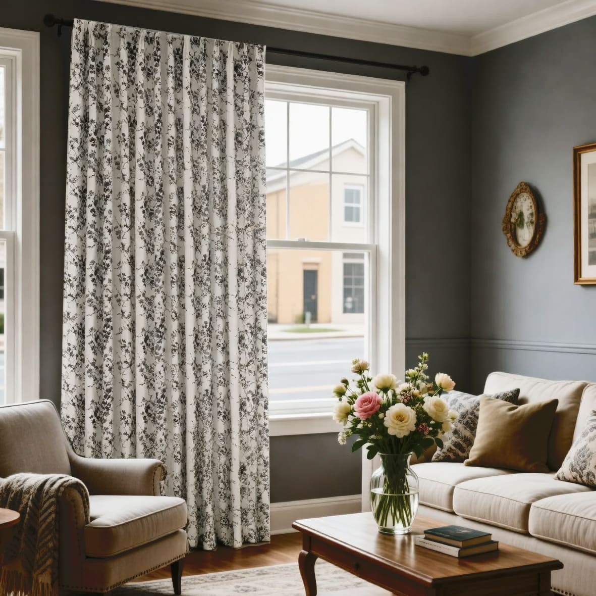 Rideaux à motifs géométriques bleus pour chambre à coucher