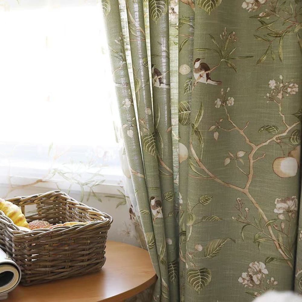 Classic Retro Kale Green Curtains Birds Peach Country Drapes