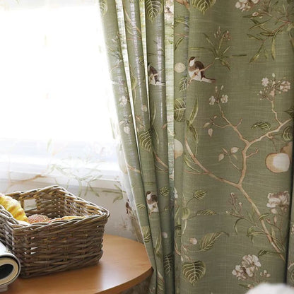 Classic Retro Kale Green Curtains Birds Peach Country Drapes