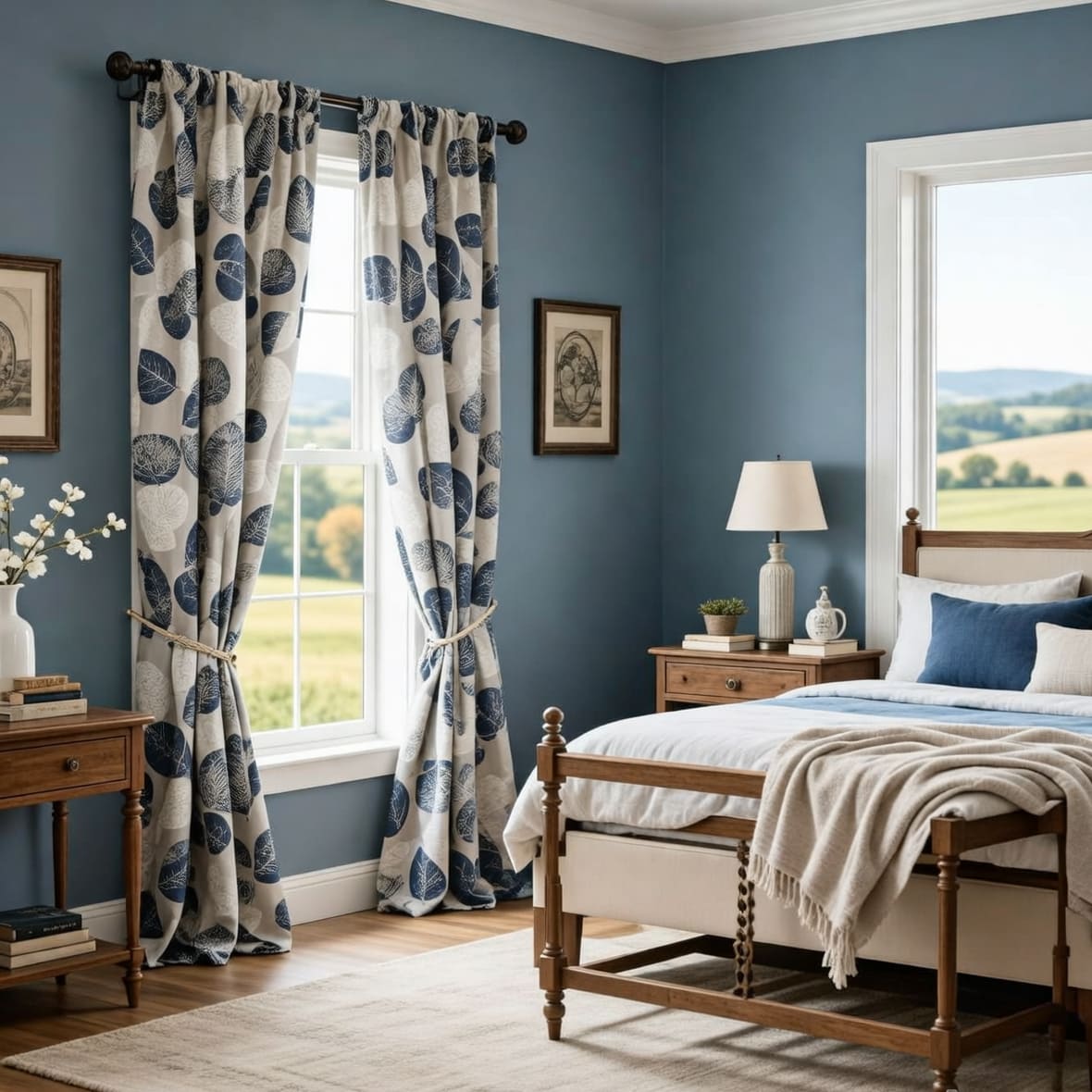Navy Blue White Leaf Pattern Drapes Blackout Curtains for Sale
