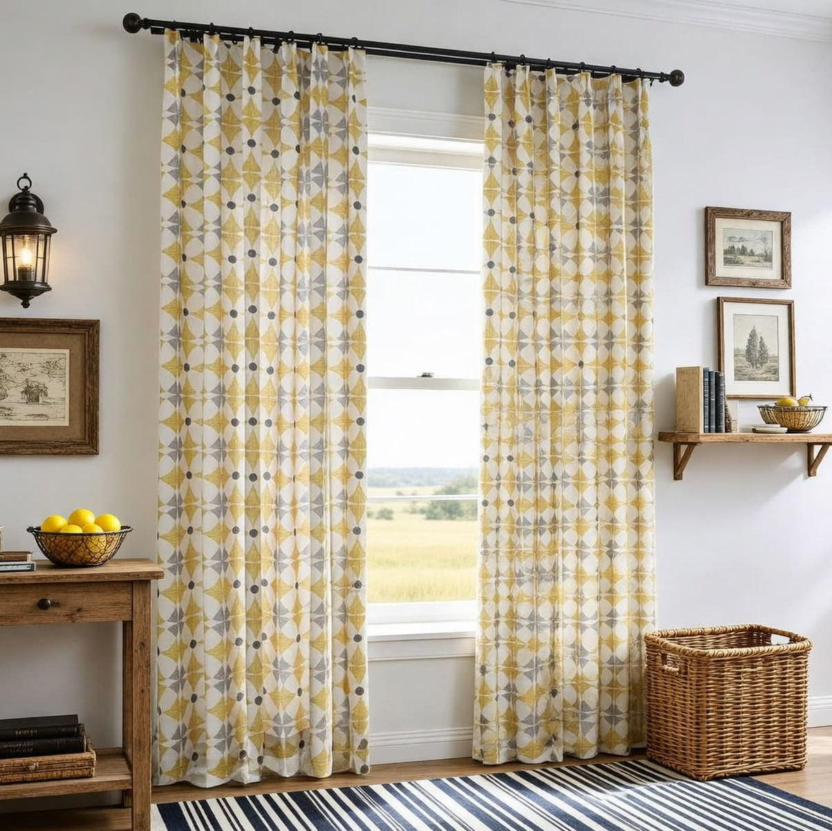 Mimosa Yellow Curtains Linen Bright Modern Geometry Drapes 2 Panels