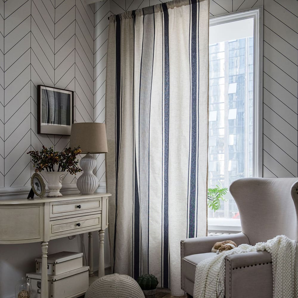 Navy Blue Stripe Curtains Natrual Linen Drapes