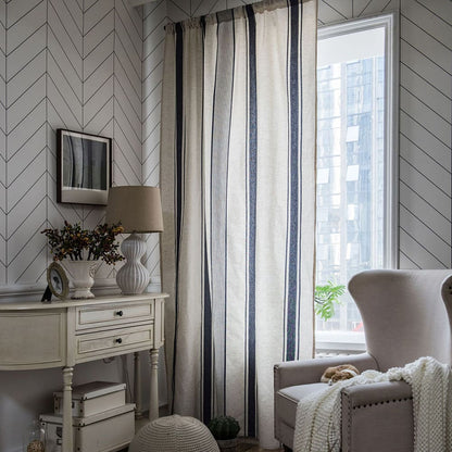 Navy Blue Stripe Curtains Natrual Linen Drapes