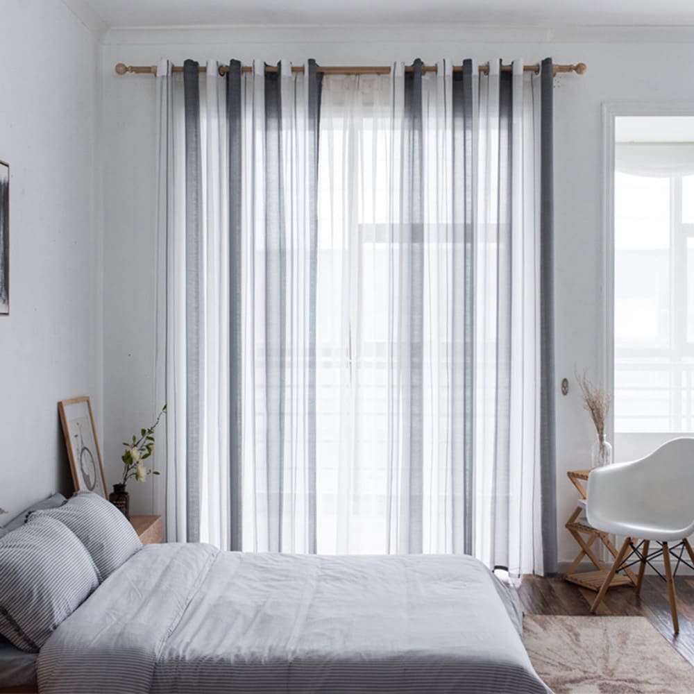 Grey Striped Sheer Curtains for Living Room 2 Panels