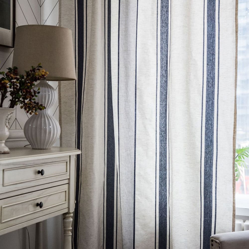 Navy Blue Stripe Curtains Natrual Linen Drapes