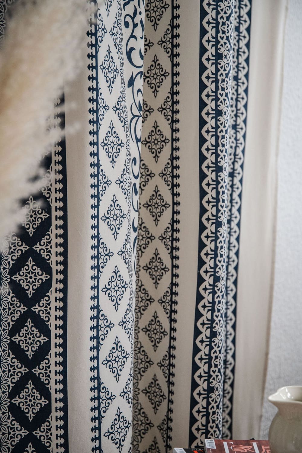 Mediterranean Indigo Moroccan Scrollwork Cotton Linen Curtains