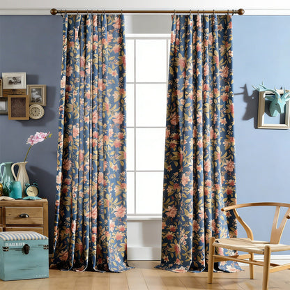 Elegant Navy Blue Rustic Retro Vintage Floral Cozy Living Room Curtains
