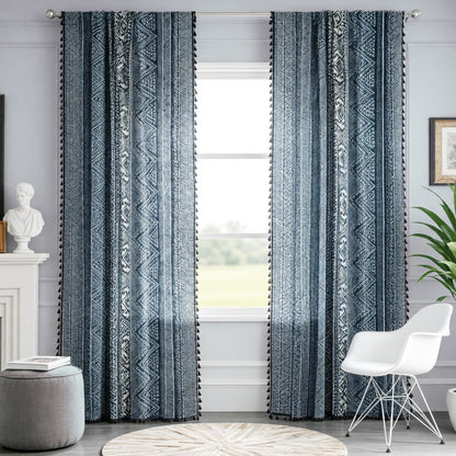 Elegant Bohemian Blue Geometric Pattern Curtain Drapes with Tassels