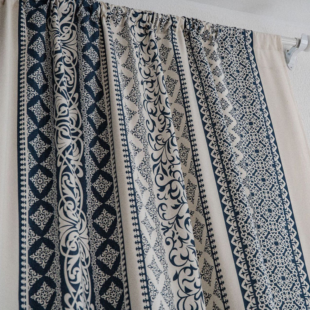 Mediterranean Indigo Moroccan Scrollwork Cotton Linen Curtains