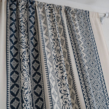 Mediterranean Indigo Moroccan Scrollwork Cotton Linen Curtains