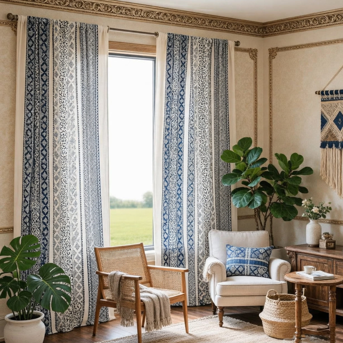 Mediterranean Indigo Moroccan Scrollwork Cotton Linen Curtains