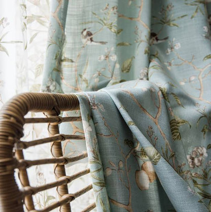 Nature-Inspired Blue Cottage White Blossom & Swallow Curtains