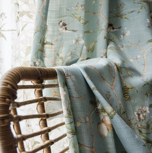 Classic Retro Blue Pinch Pleat Curtains Birds Peach Country Nature-Inspired Drapes