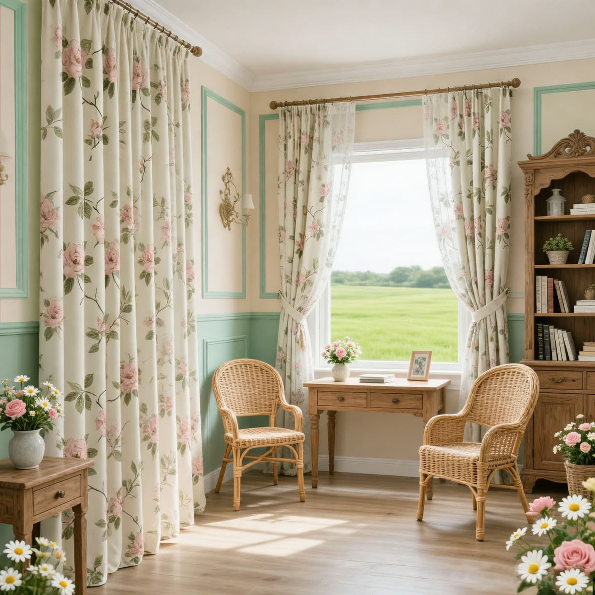 Pink Peach-Bloom Beige Curtains for Bedroom/Living Room 2 Panels Drapes