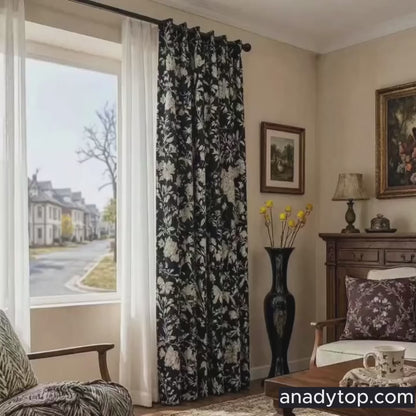 Stately Retro Black Base White Floral Chenille Jacquard Blackout Curtains