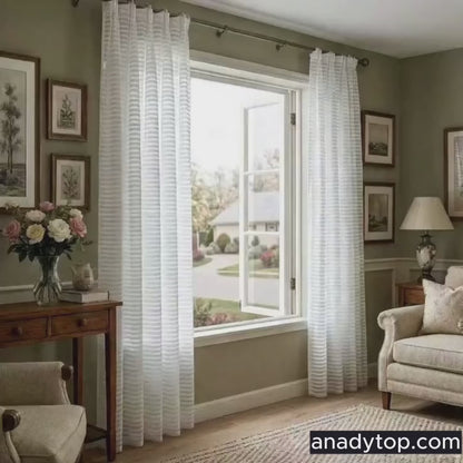 White Horizontal Striped Sheer Curtains Voile 2 Panels for Living Room