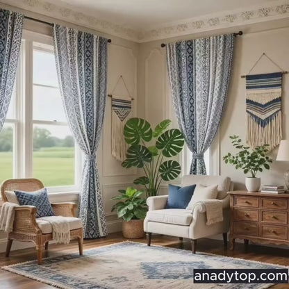 Mediterranean Indigo Moroccan Scrollwork Cotton Linen Curtains