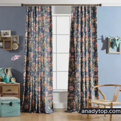 Elegant Navy Blue Rustic Retro Vintage Floral Cozy Living Room Curtains