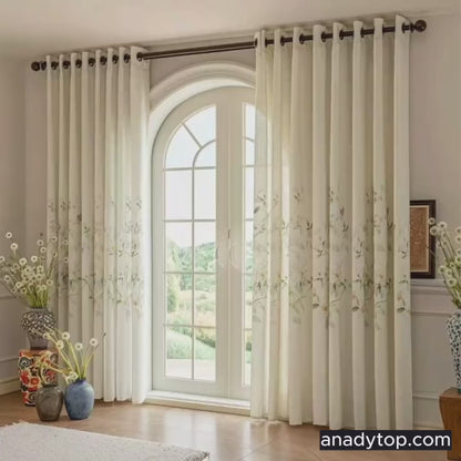 Cream Linen Blend Watercolor White Camellias & Colorful Bird Sheer Curtains