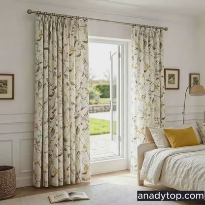 Garden Mustard Gray Birds Yellow Blossom Print Curtain Panels