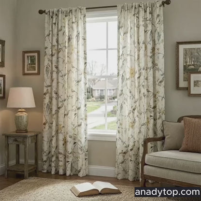 Garden Mustard Gray Birds Yellow Blossom Pinch Pleat Curtain Panels
