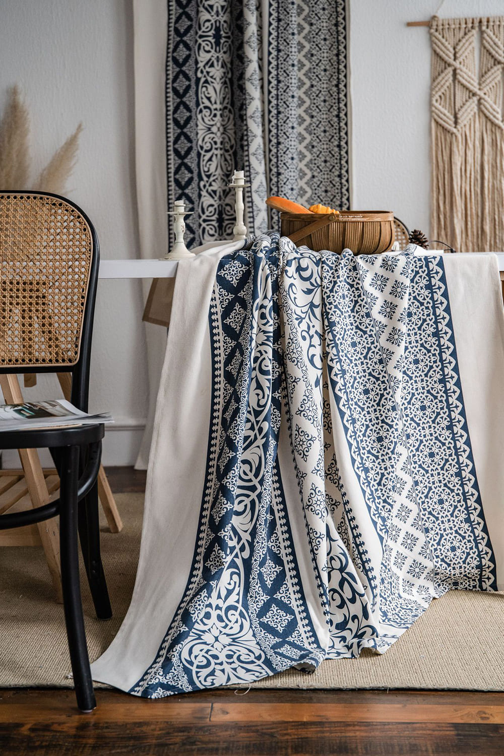 Mediterranean Indigo Moroccan Scrollwork Cotton Linen Curtains