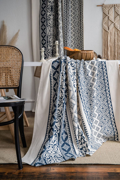Mediterranean Indigo Moroccan Scrollwork Cotton Linen Curtains