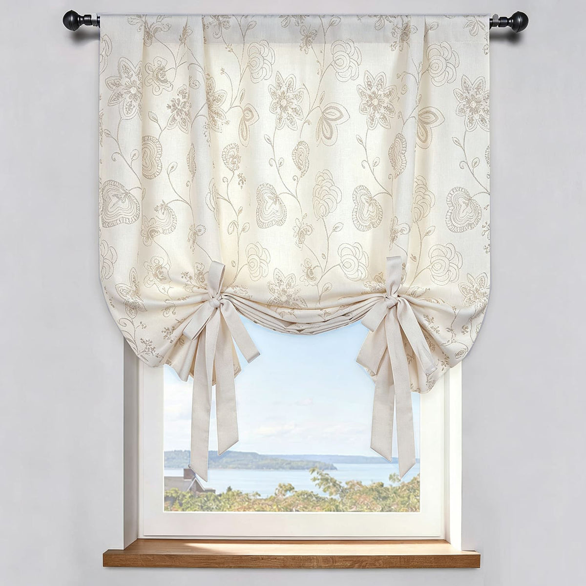 Natural Linen Rope Embroidery Flower Unique Balloon Shade Curtains