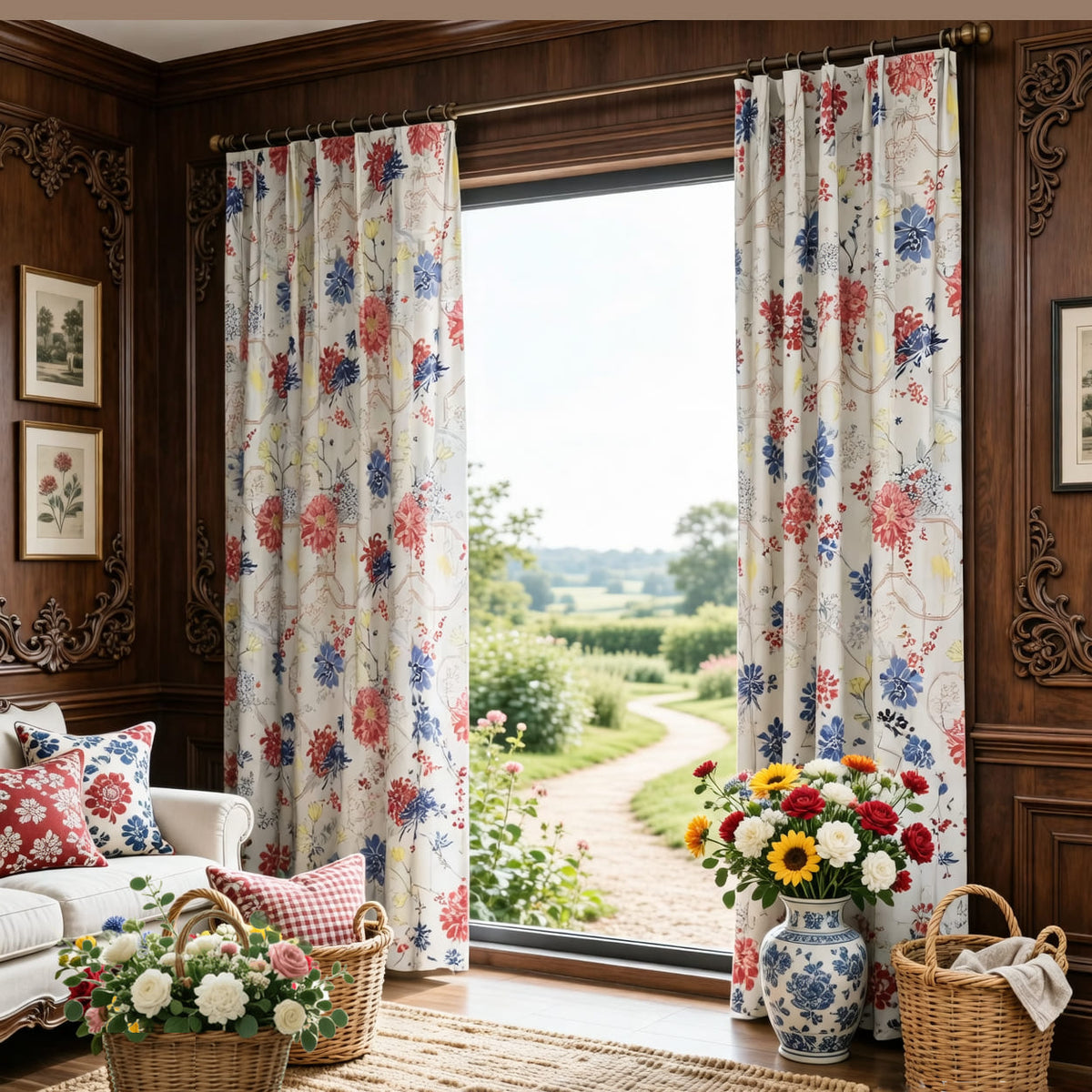 King Flowers and Crane Curtains Red Blue Bloom Drapes for Bedroom/Living Room