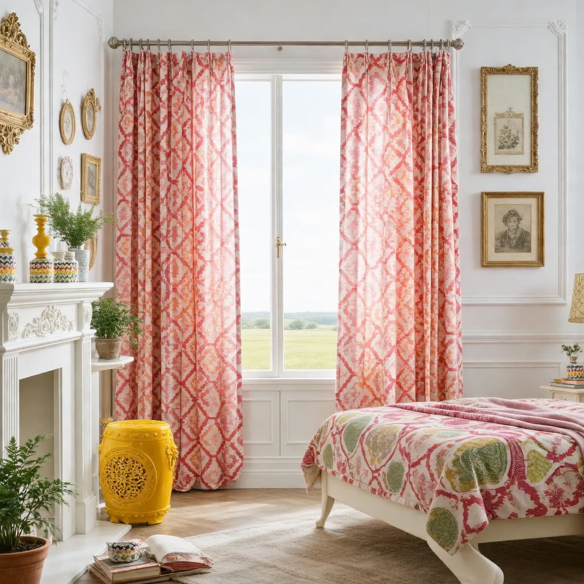 Red Pink Orange Curtains Geometry Drapes 2 Panel Bright Warm Decro Curtains