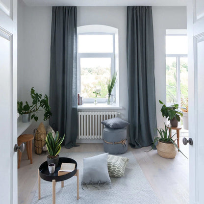 Slate blue linen window curtains for bedroom rod pocket curtain panels