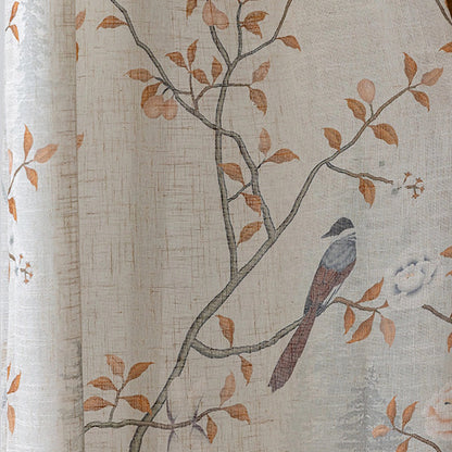 Warm Tone Linen Sheer Autumn Branch & Songbird Privacy Pinch Pleat Sheer Curtain