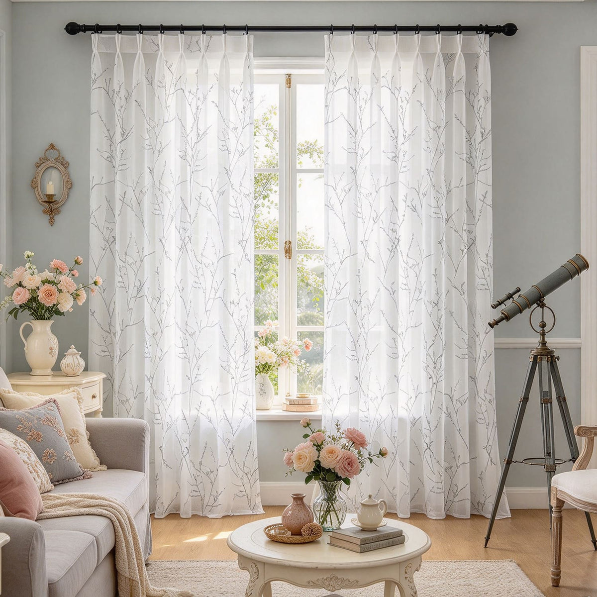 Small Plum Floral Blossom Branches Print Sheer Curtains