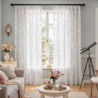 Small Plum Floral Blossom Branches Print Sheer Curtains