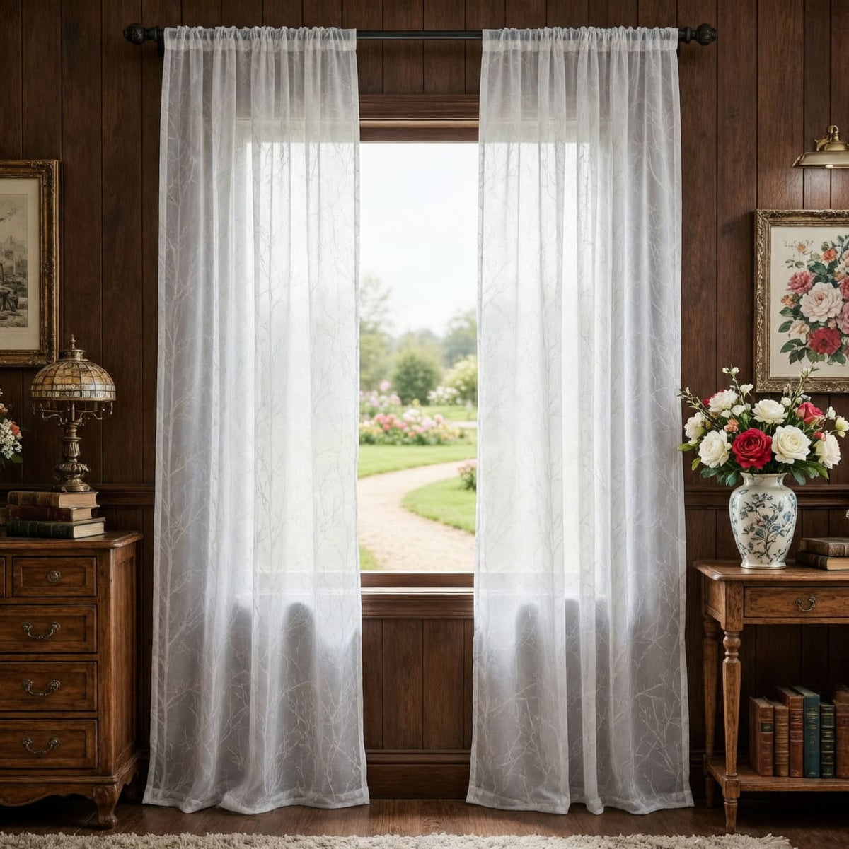 Branch Tree White Sheer Curtains for Bedroom/Living Room 2 Panels