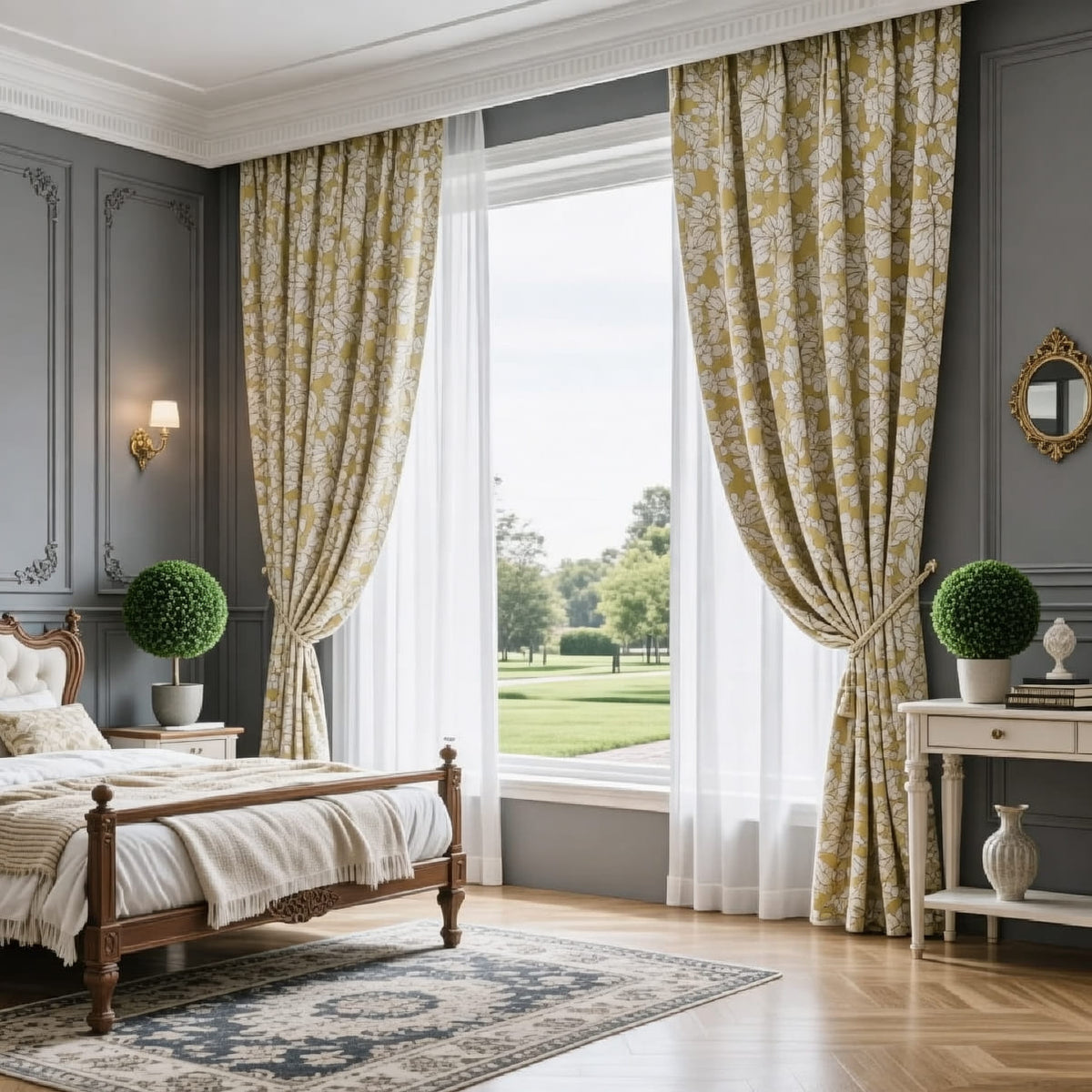 Warm Yellow Cream Fig and Foliage Curtains Art Painting Custom Drapes