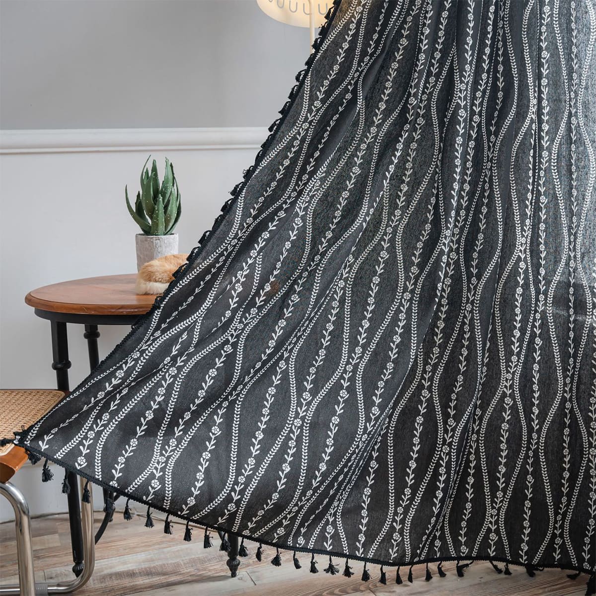 Rideaux de cuisine en lin et coton ondulé de Style bohème, avec pompons noirs