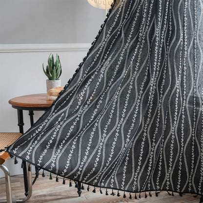 Rideaux de cuisine en lin et coton ondulé de Style bohème, avec pompons noirs