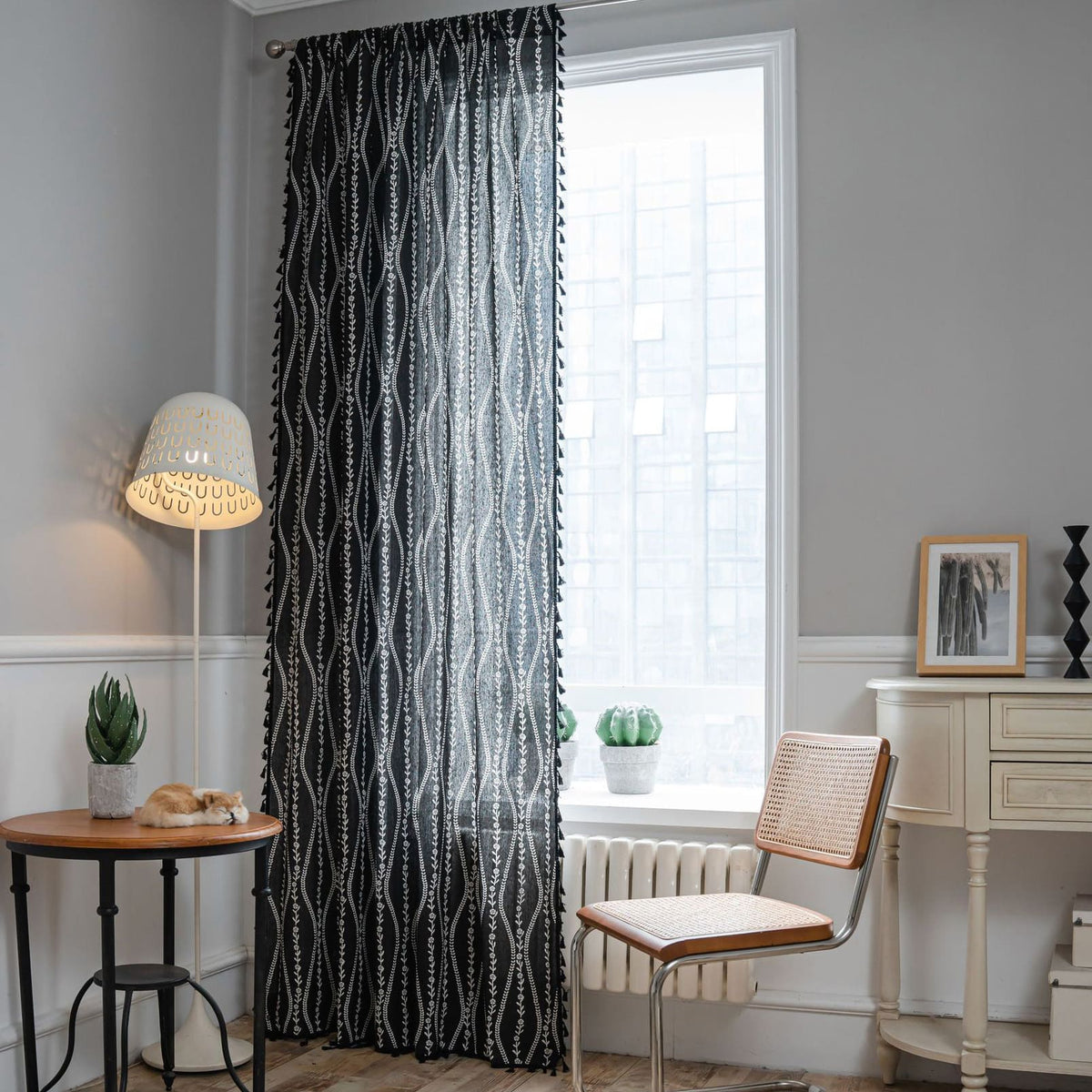 Rideaux de cuisine en lin et coton ondulé de Style bohème, avec pompons noirs