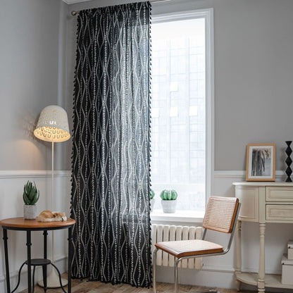 Rideaux de cuisine en lin et coton ondulé de Style bohème, avec pompons noirs
