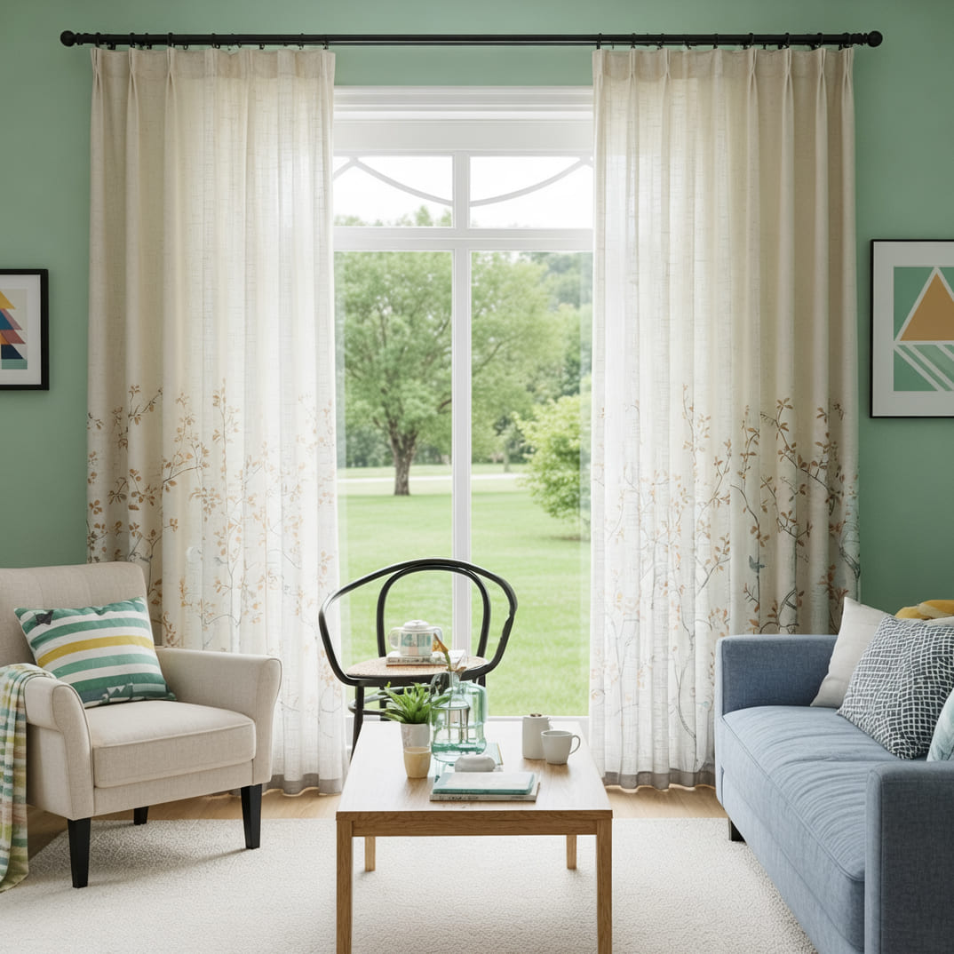 Warm Tone Linen Sheer Autumn Branch & Songbird Privacy Sheer Curtain