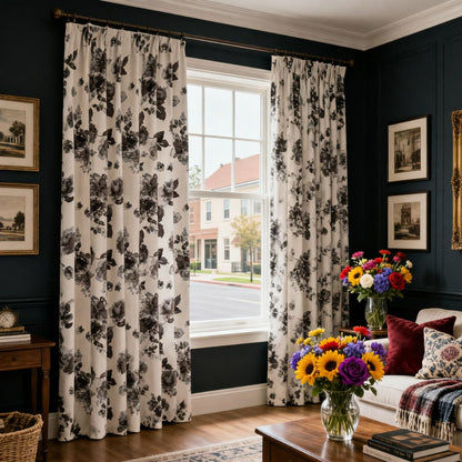 Modern Elegant Ivory Dark Watercolor Floral Chenille Drapes