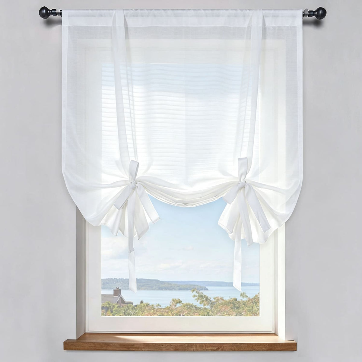 Ivory White Horizontal Striped Voile Balloon Shade Sheer Curtains