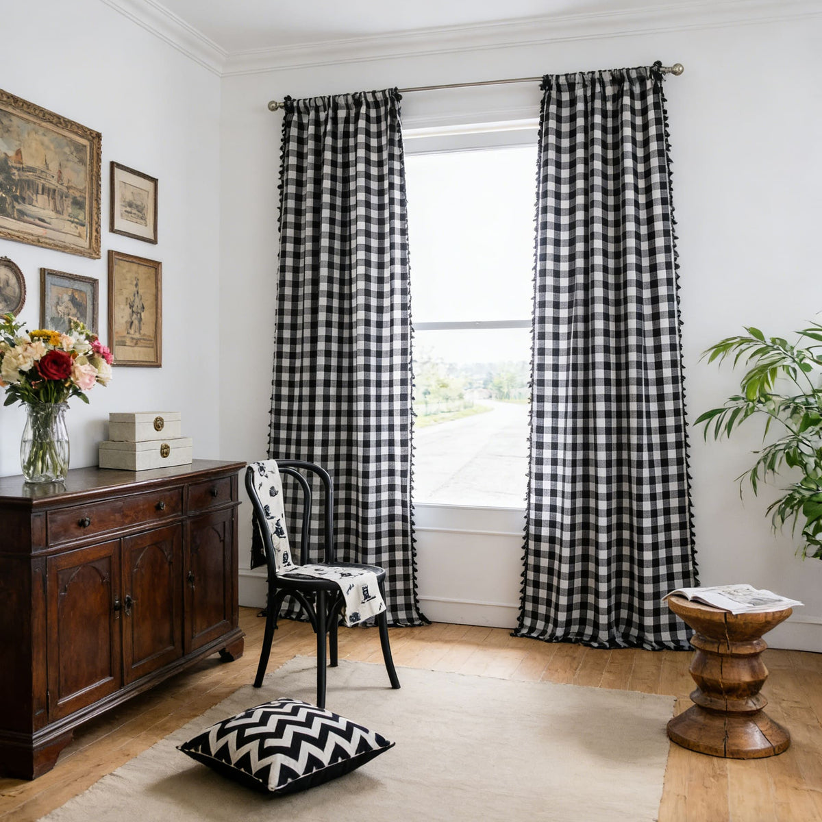 Classic Black and White Curtains Checkered Window Drapes with Tassels