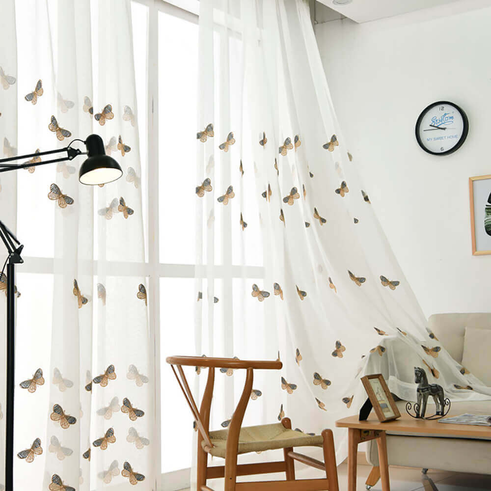 White butterfly embroidered sheer curtains pinch pleat window sheers